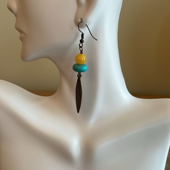 HAND CRAFTED BOHEMIAN BEADED EARRINGS Antique Brass Turquoise Yellow Chalcedony - Picture 4 of 14